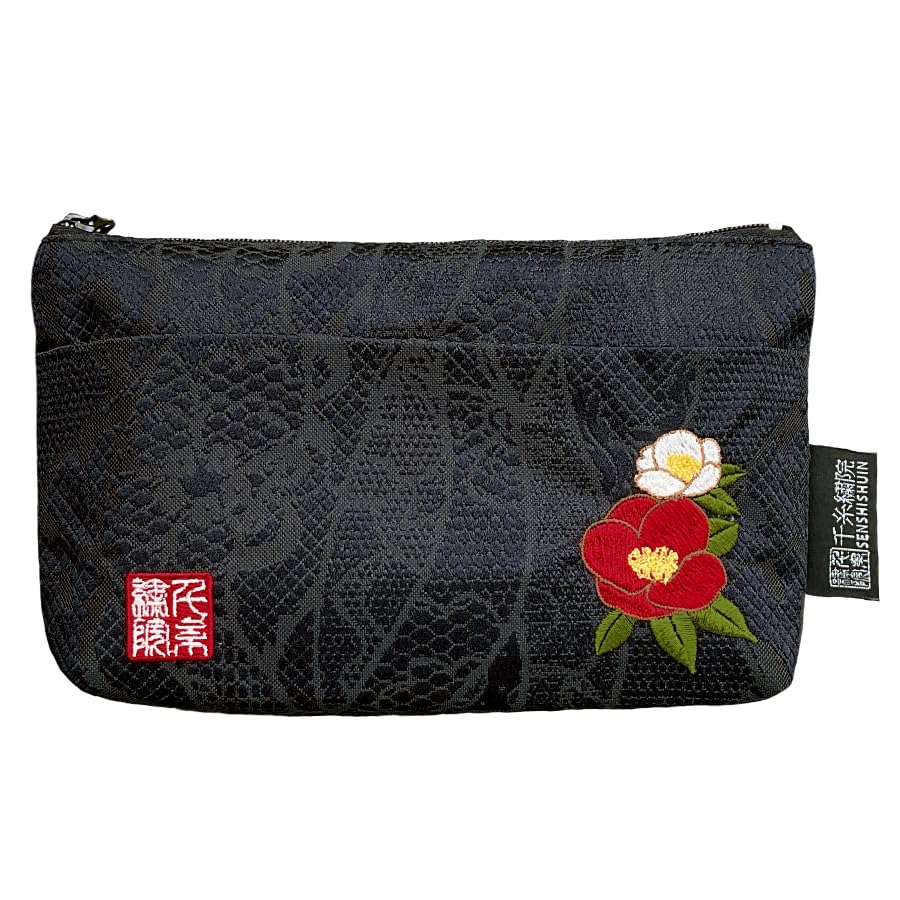 Senshishuin Nishijin Brocade Pouch with Black Lace and Camellia Design (Lined) (Small)