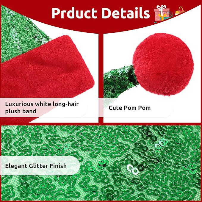 New Red Plush Trim Christmas Hat with Green Sequins, 75cm Festive Atmosphere Hat