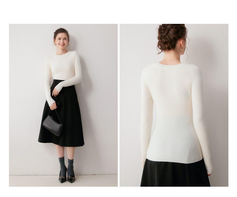 Autumn/Winter Women's Striped 100% Cashmere Round Neck Slim Knit Sweater