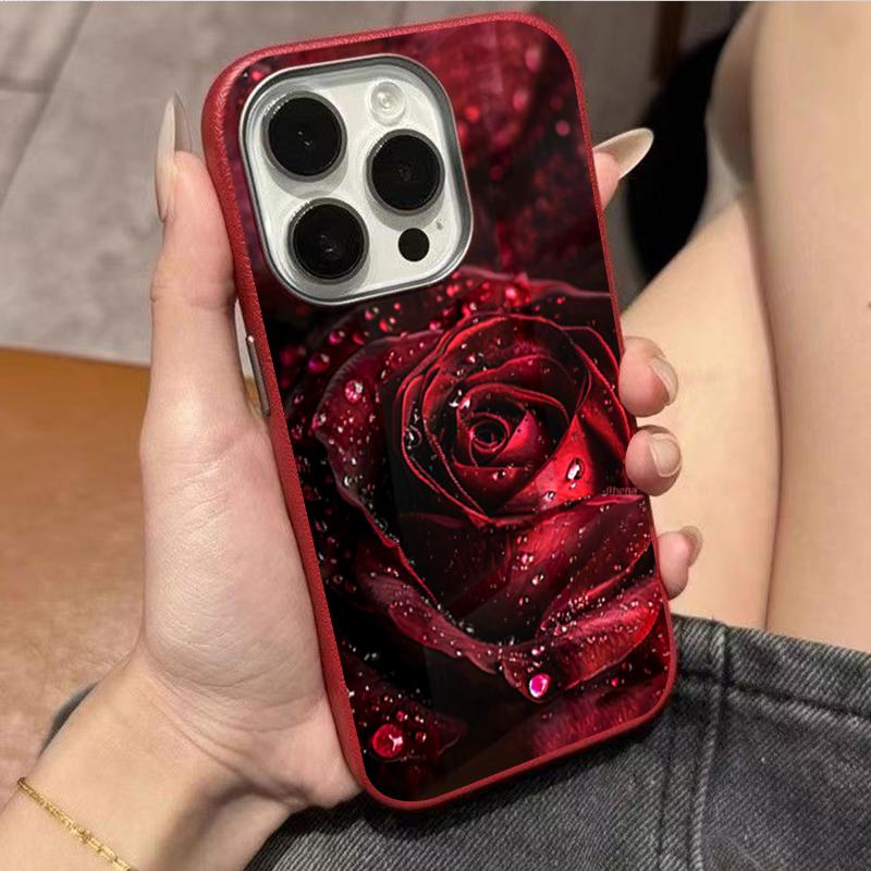 Elegante Rote Rose Regentropfen Muster Weiche Handyhülle für iPhone 17 16 Pro Max 16E 15 14 13 12 11 XS XR 7 8 Plus 1 Air Mattes Cover