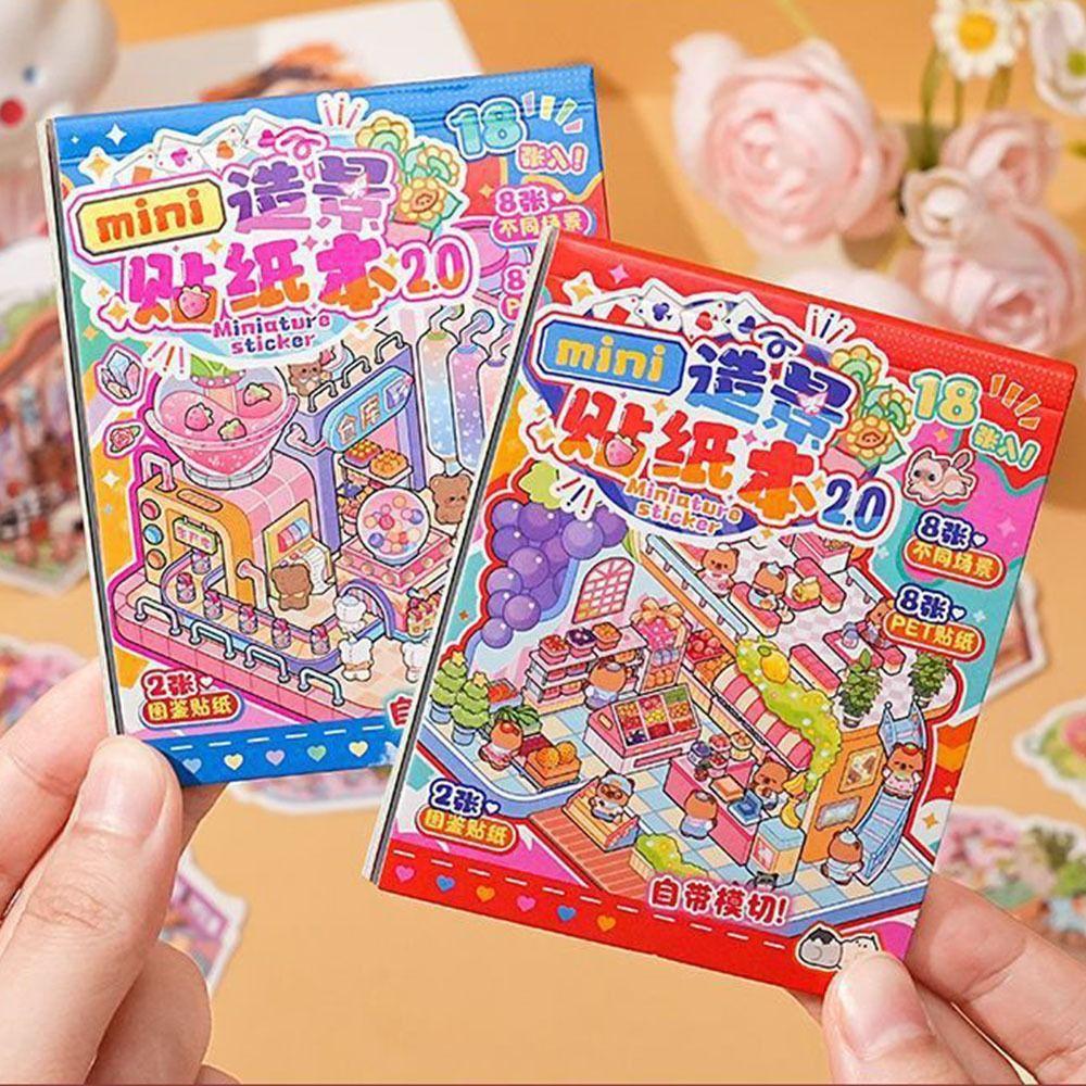 Mini Miniature Scene Sticker Book PET 3D Pocket Cabin Scene Stickers Tent Sticker Decoration Gifts