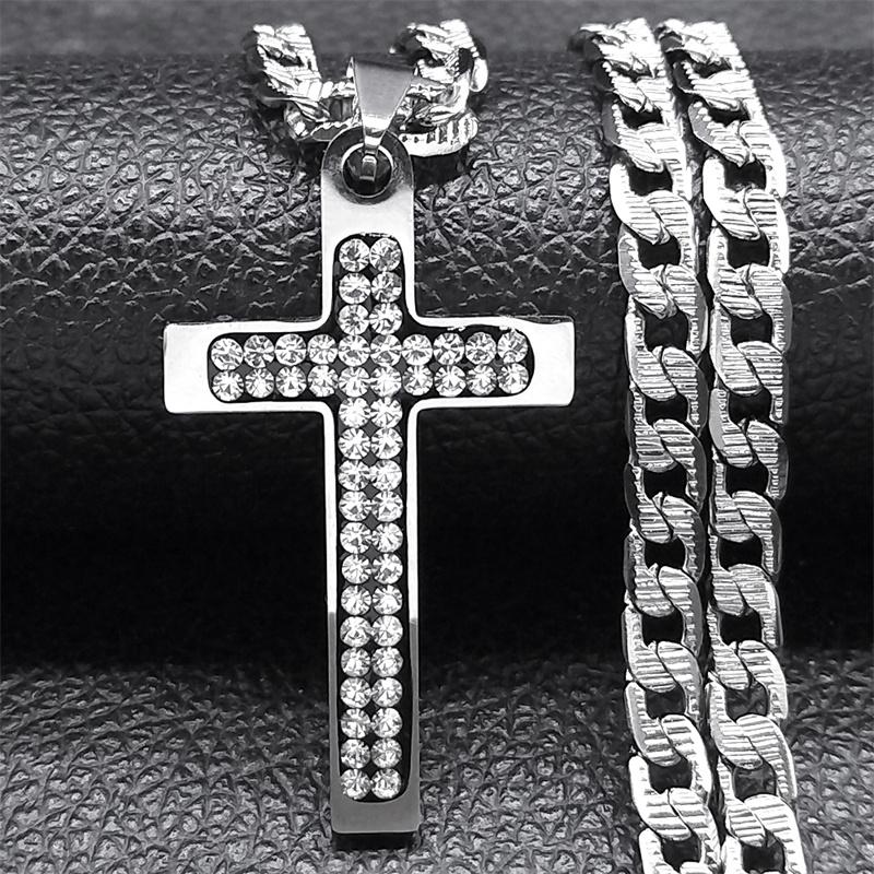 Christian Crystal Cross Pendant Necklace for Men Women Stainless Steel Gold Color Rhinestone Religion Necklaces Jewelry NZZZ493