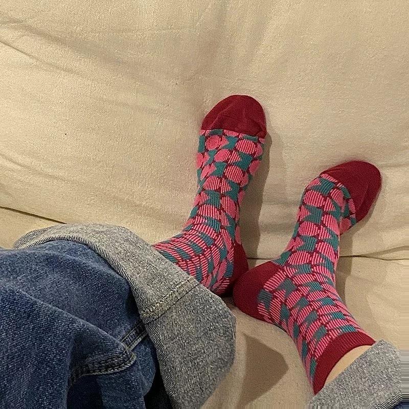 Retro Checkered Socks, Women's Striped Mid-calf Socks, Pile Socks