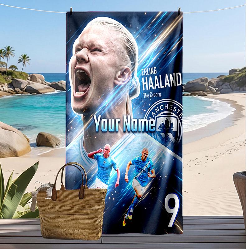 Erling Haaland Personalized Printed Beach Towel Soccer Logo Support Custom Name Text Absorbent Towel For Sport Travel Special Gift