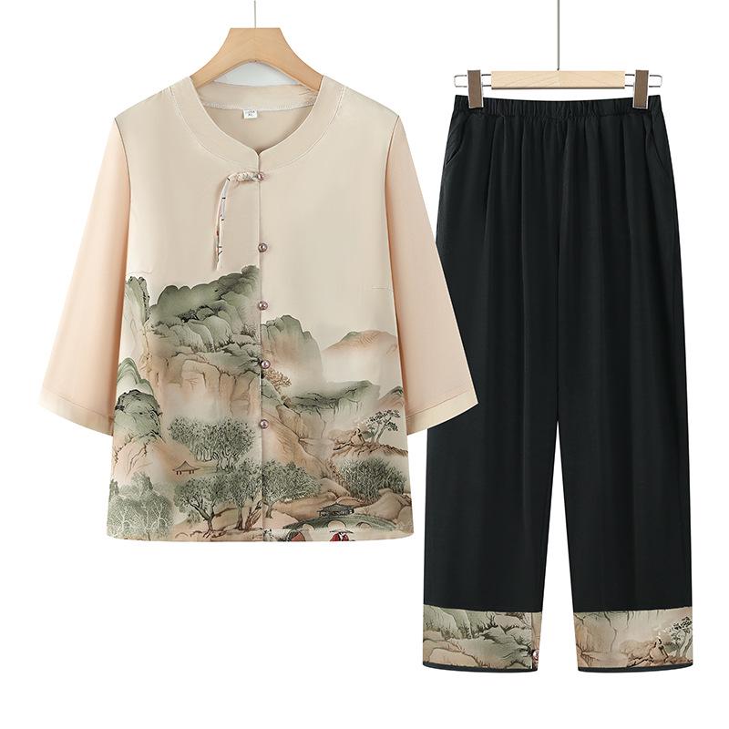 

Grandma s Summer Style Seven-Sleeve Two-Piece Suit for Middle-Aged & Elderly Women 2XL (for 100-115 jin) зелений