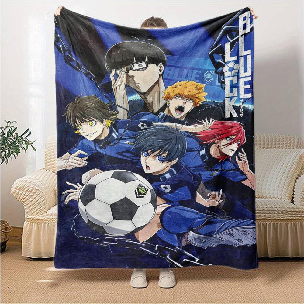 Blue Lock Anime Football Team Character Collage Print Flannel Blanket Dark Blue Chain Background Soft Throw Blanket Anime Fan Decor