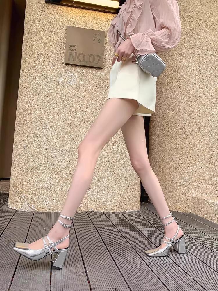 Baotou High-heeled Sandals Women's New Small Roman Straps Thick Heel Double Buckle Silver French Mary Jane Shoes