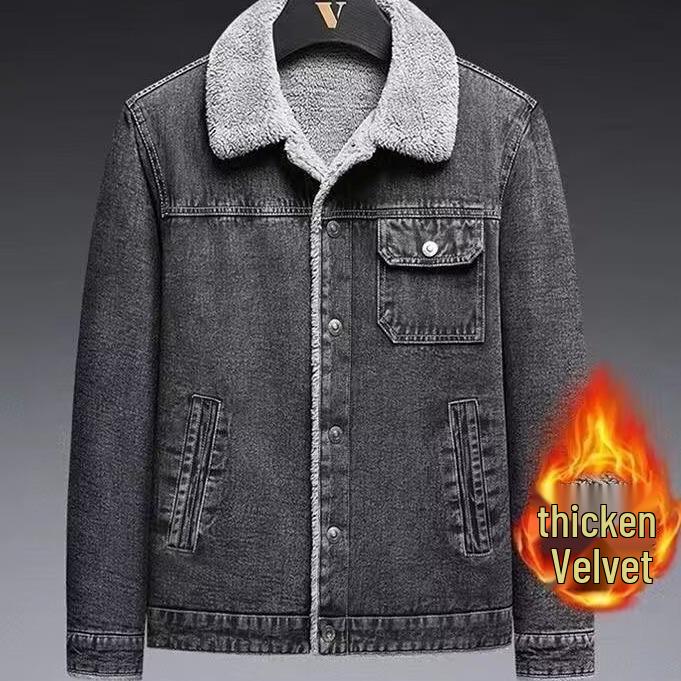 Men's Slim Fit Denim Jacket with Fleece Lining and Lambswool, 2025 Korean Style, Casual Lapel Design