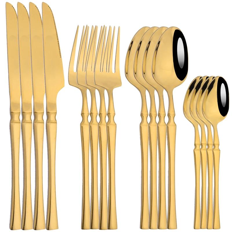 16Pcs Cutlery Set Stainless Steel Golden Dinnerware Western Silverware Set Mirror Flatware Western Dinning Kitchen Tableware