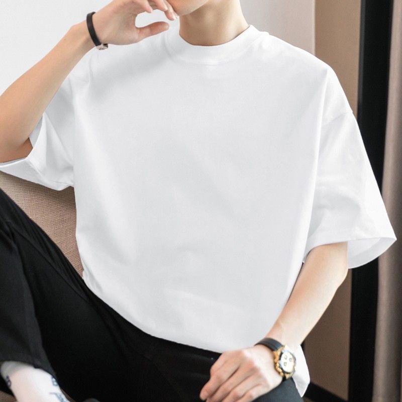 American Heavy Short-sleeved T-shirt Men's Round Neck Summer Solid Color Trendy Loose Half-sleeved Base Shirt