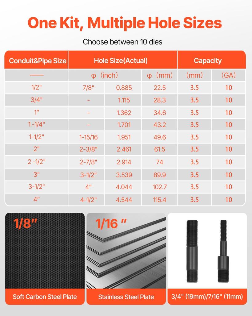 VEVOR Knockout Punch Set, 147.1 kN Hydraulic Knockout Set, 12.7 to 101.6mm KO Tool Kit Hole Making Tool