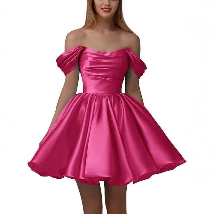 European and American one-word shoulder dress new satin short pleated dance wedding party dress daily dress