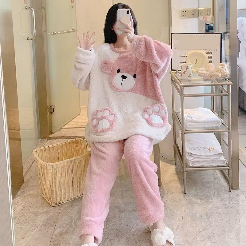 Women's Autumn and Winter Plus Size Cartoon Round Neck Loose Thickened Coat + Loose Warm Trousers Leisure Two-piece Set