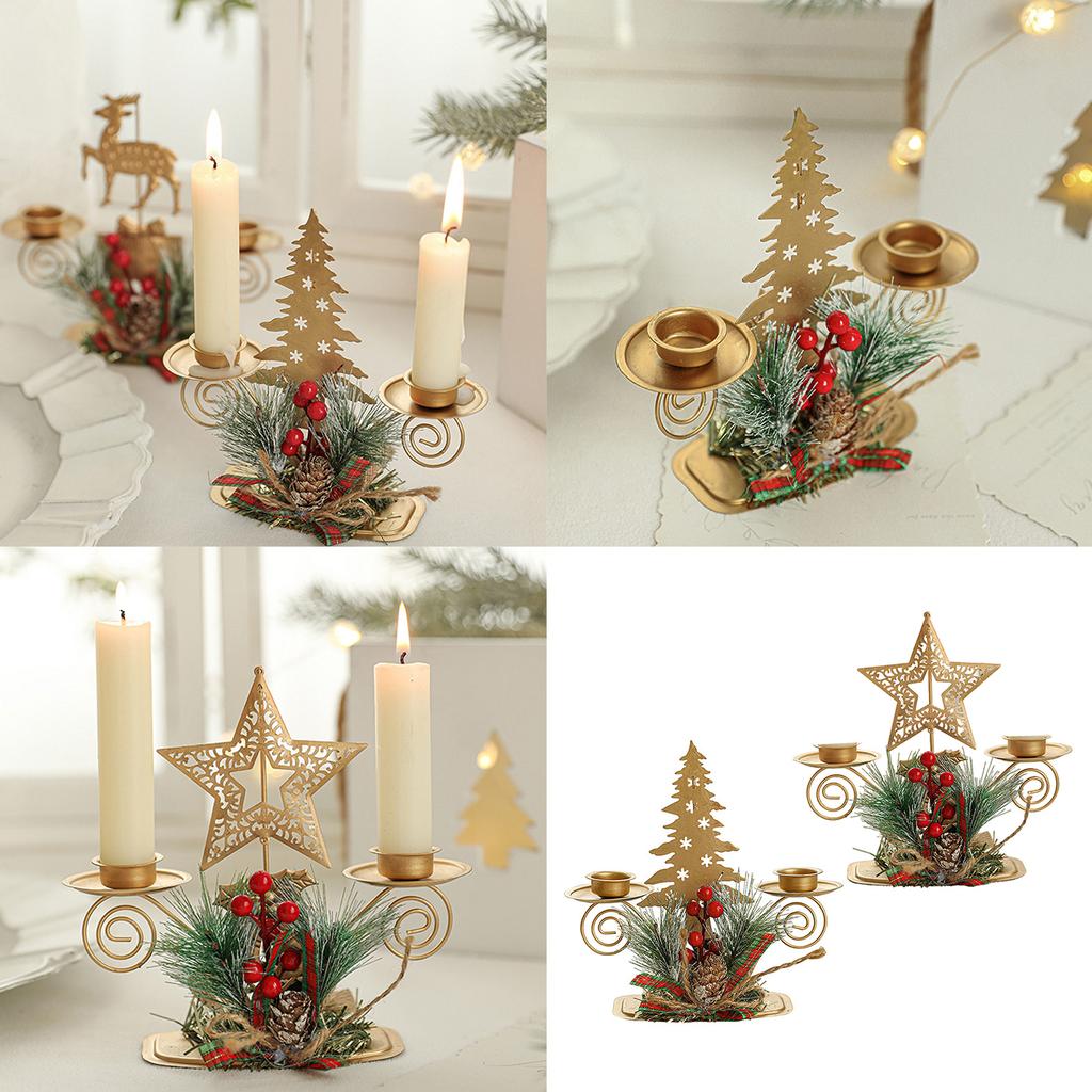 Gold Metal Double Candle Stand for Christmas Celebration Pinecones Berries Iron Candlestick Centerpieces Candle Holders