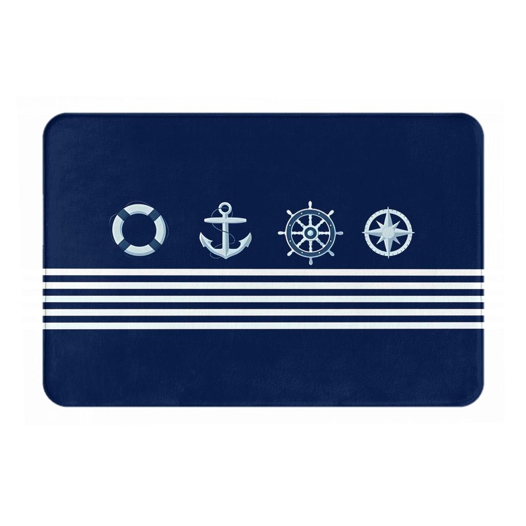 Zerbino Nautico Blu Navy con Ancora Salvagente Strisce Stampate Poliestere Lavabile in Lavatrice Solo Acqua Fredda 80x50cm