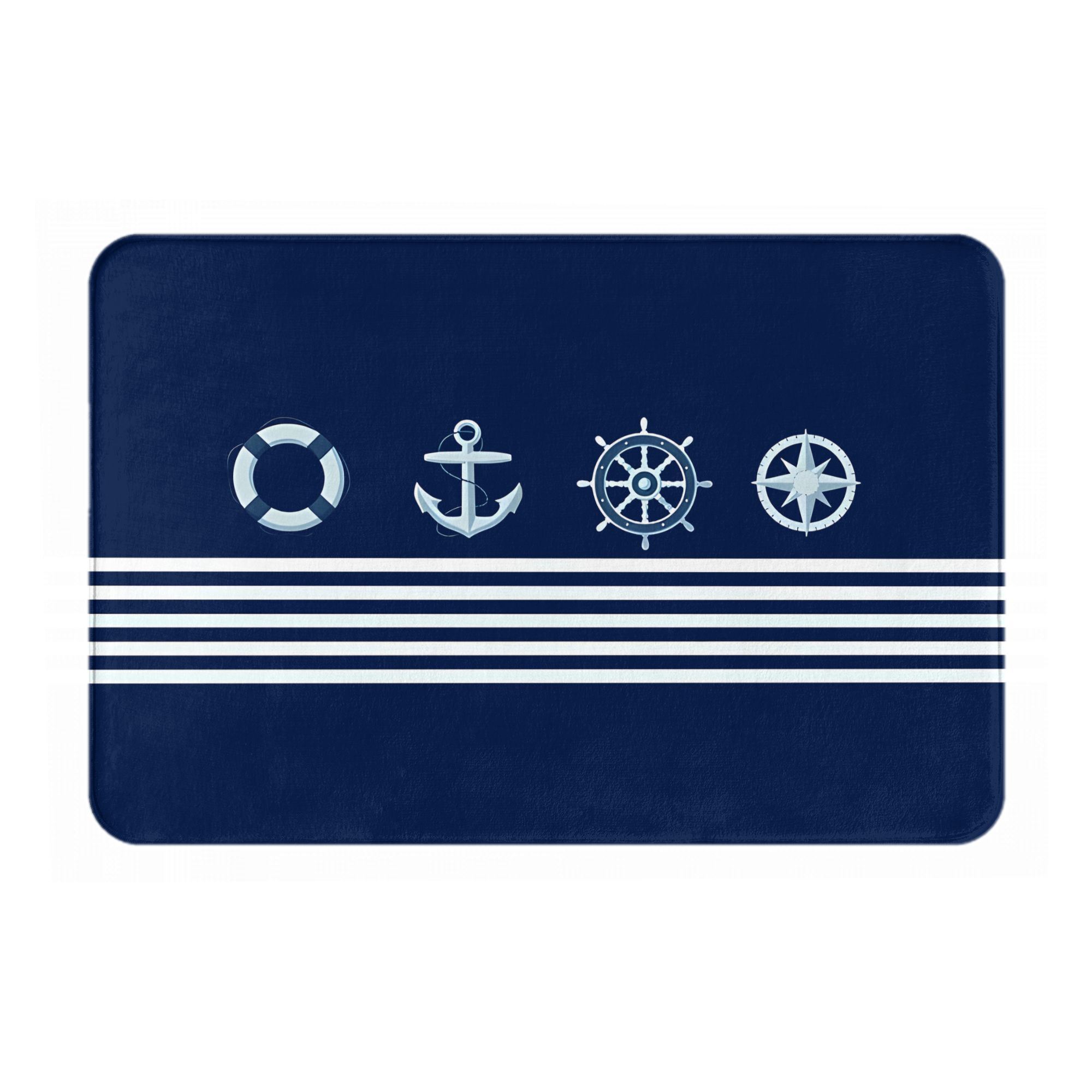

Navy Blue Nautical Doormat with Anchor Lifebuoy Stripes Printed Polyester Machine Washable Cold Water Only 80x50cm 40cm x 60cm