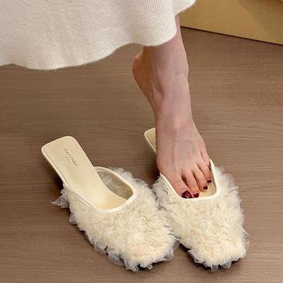 Mesh Women's Mules Slippers and Ladies Sandals Black Square Head Shoes Comfortable Elegan Korea Style Casual 2025 Trend Slides