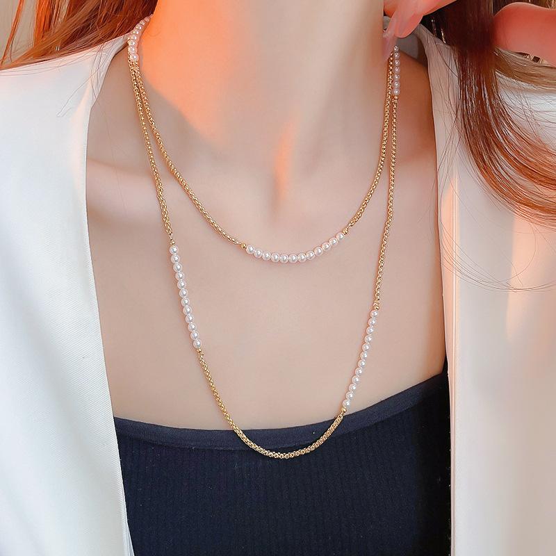 French long metal pearl splicing sweater chain stacked with multi-layer collarbone chain European and American style versatile personality necklace