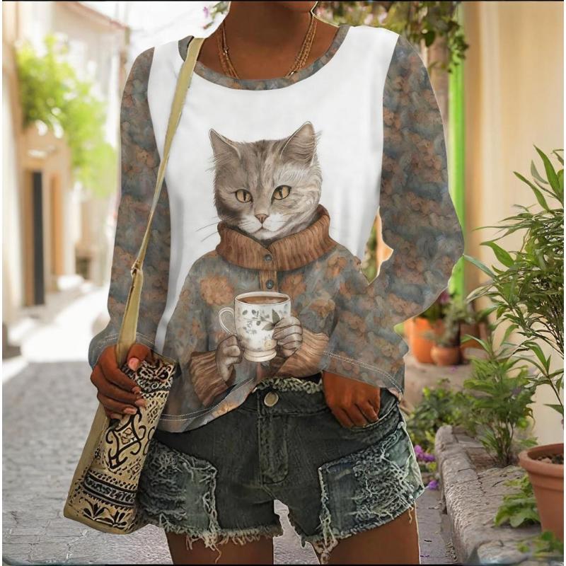 Fashion Teacup Cat Women's Long Sleeve Spring And Autumn Round Neck Clothing Casual Oversize T-Shirts Animals Cat Printed Tops