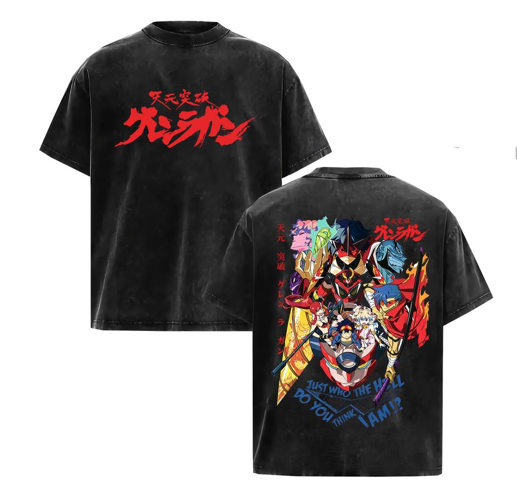 Vintage Washed Anime Tengen Toppa Gurren Lagann Graphic T Shirt Unisexs Oversized Harajuku Fashion Short Sleeve Tshirt Streetwear