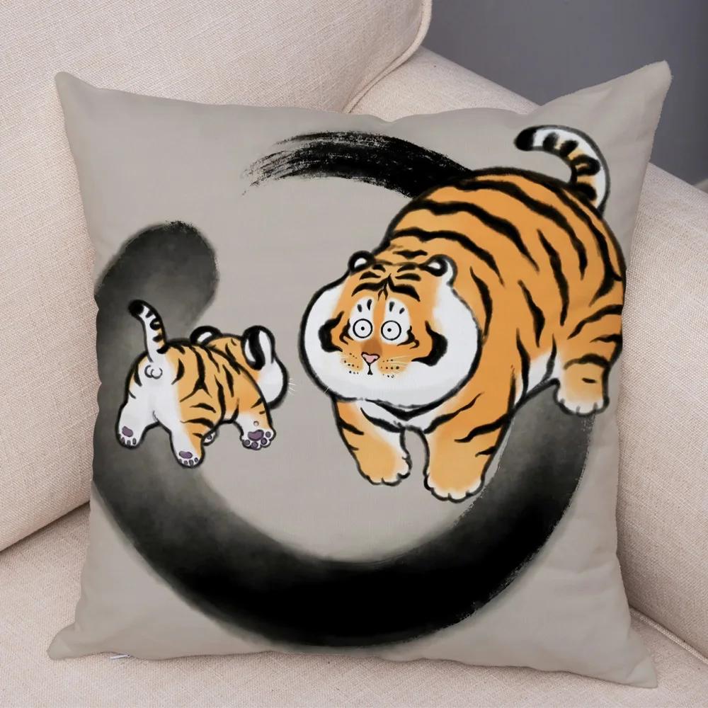 Chinese Ink Funny Fat Tiger Cushion Cover Decor Cute Cartoon Animal Soft Plush Pillow Case for Sofa Home Car Throw Pillowcase