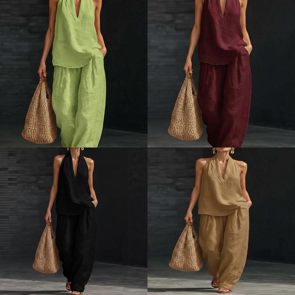 Cotton Linen Blend Sleeveless Pantsuit With Patching For Casual Women Spring Summer
