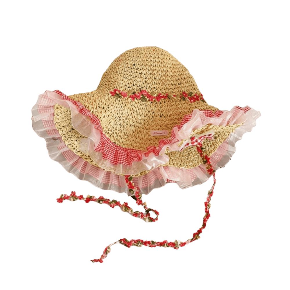 Breathable Sun Protection Straw Hat Nylon Floral Tie Lace Trim Large Brim Hat Lightweight Hollow Out Sunshade Hat Summer