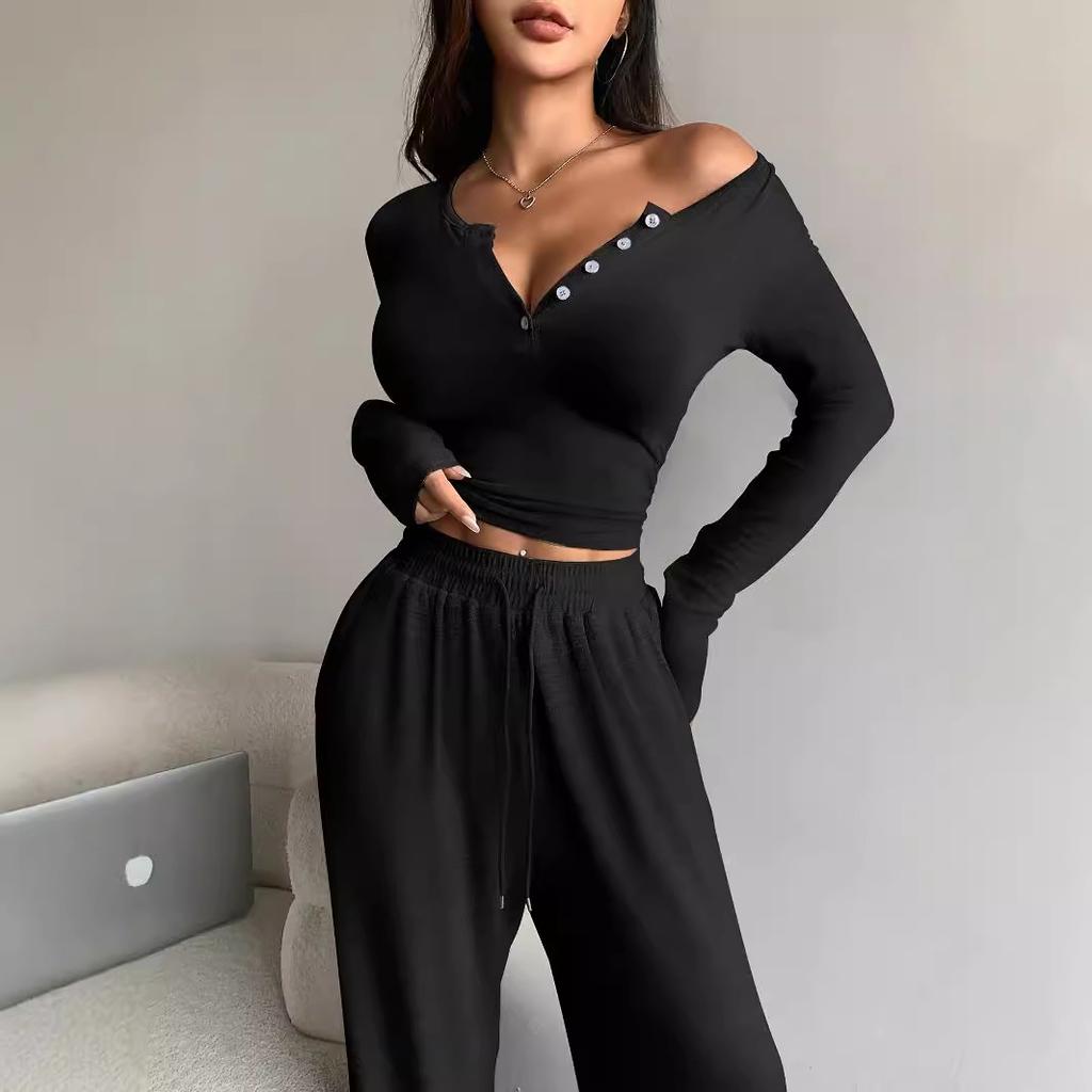Damenmode Schulterfreies Langarm-Top mit High-Waist Wide Leg Hose Set, Lässiges graues Outfit