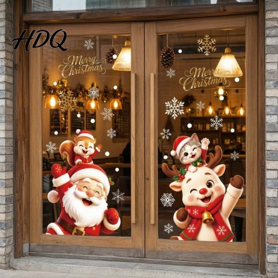 Festive Party Supplies 2Pcs Christmas Window Clings Santa Claus Elk Static Decals Reusable Glass Stickers Removable Cute Cartoon Holiday for