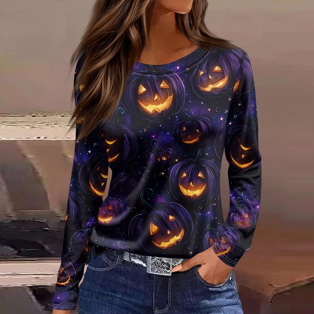 Damenmode Saumschlitz Lässig Halloween-Print Rundhals Langarm Oberteil