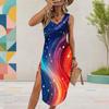 Women Plus Size U Neck Sleeveless Starry Printed Dress Red Blue White High Side Slit Curved Hem