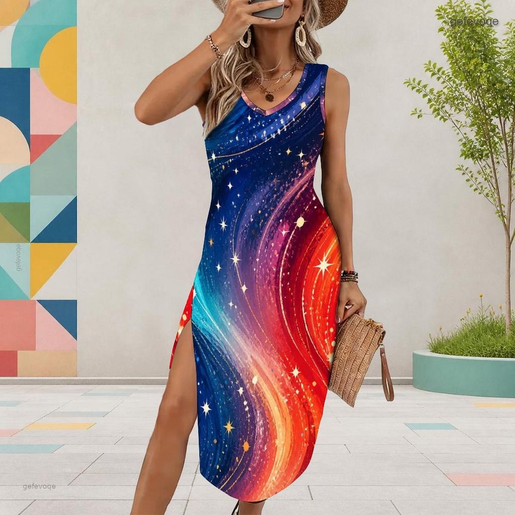 Women Plus Size U Neck Sleeveless Starry Printed Dress Red Blue White High Side Slit Curved Hem