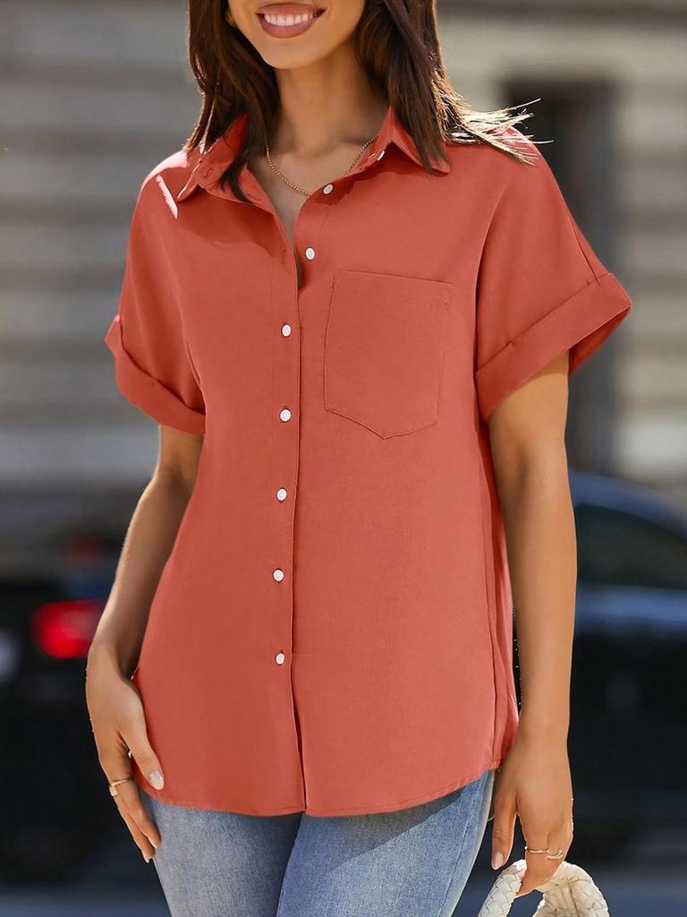 Women's V Neck Collared Button Down Shirt Short Sleeve Top with Pockets