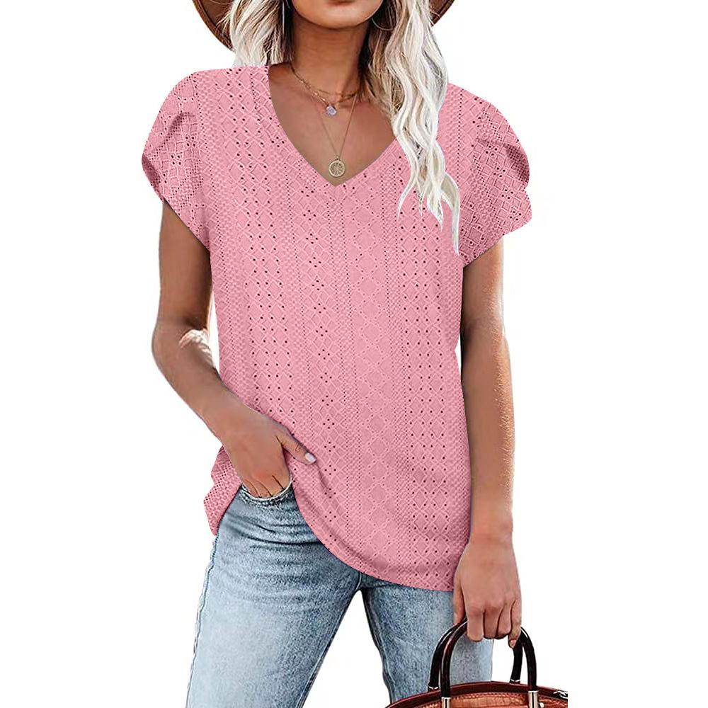 Summer Women's T-shirt Solid Color V-neck Tile Sleeve Loose Short Sleeve T-shirt Tops