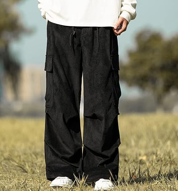 Übergroße Cord-Fracht-Hose mit weitem Bein, entspannt, Gaucho, verstellbarer Gummizug, einfarbig [foveitaa] Herrenhose, Hose, Hose, Stil, Jogginghose, Sport,
