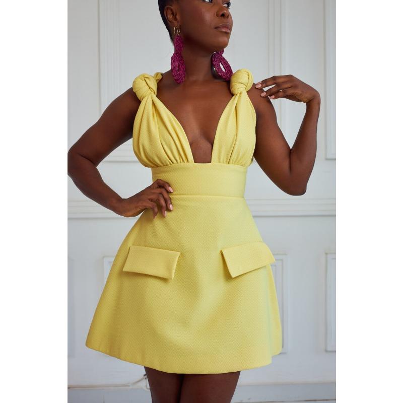 Sommerkjole for kvinner Temperament V-hals Design Høy midje falsk lomme A-linje Halter kjoler