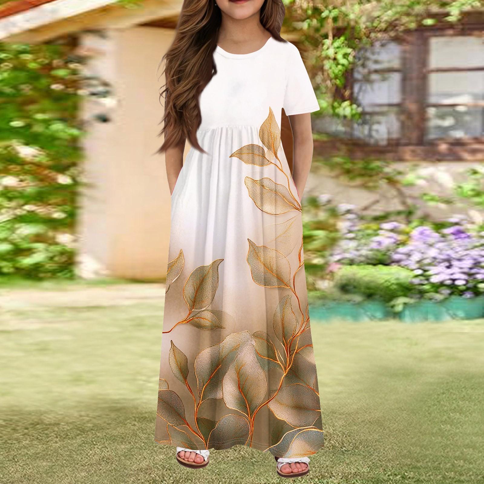 

Длинное летнее платье для девочек - платье макси с короткими рукавами и карманами для детей 4-14 лет 160 жёлтый