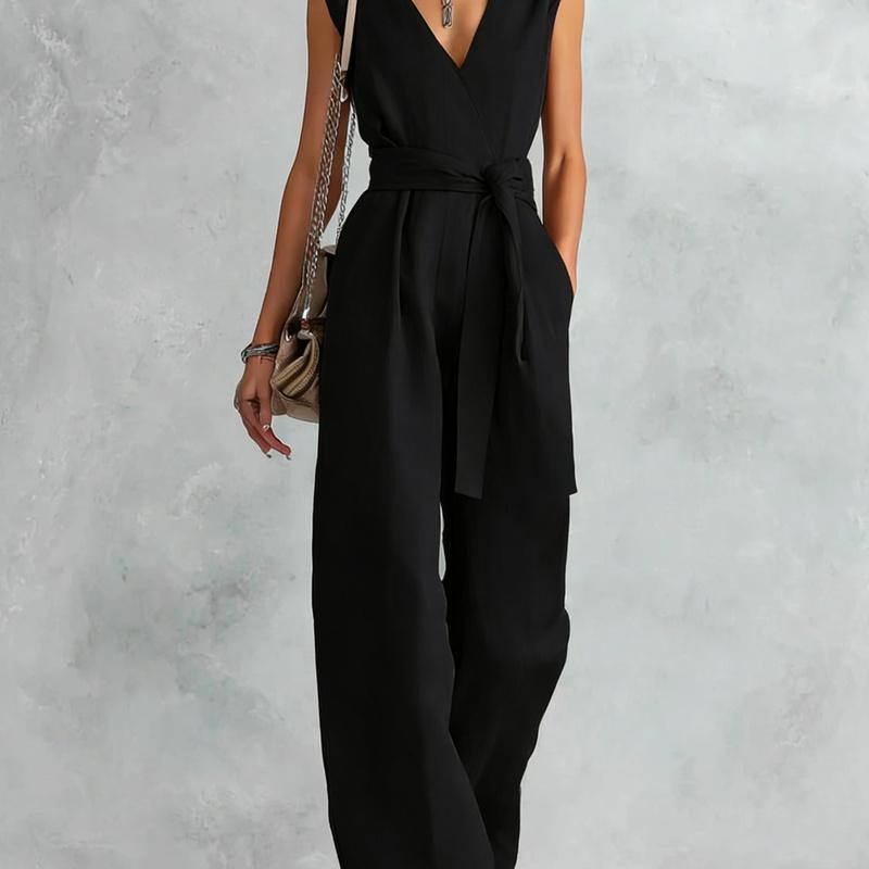 Spring and Summer European Style Women Clothing V-Neck Sleeveless Jumpsuit