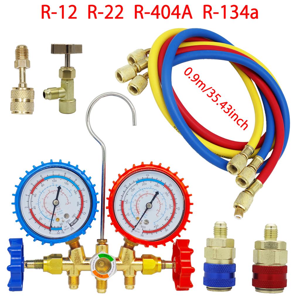 R134a Air Conditioning Pressure Gauge with Hose and Hook 3 Way AC Diagnostic Manifold Gauge Set Freon For R12 R22 R404A R134a