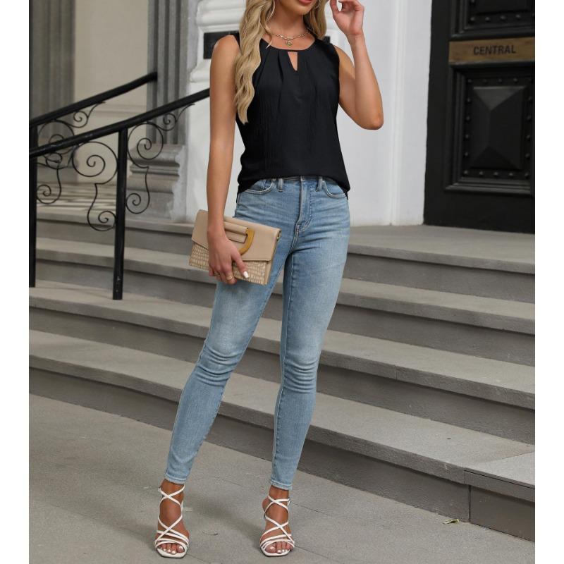 Summer Pleated T-shirt Chiffon Hollow Sleeveless Top