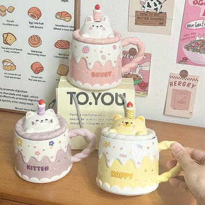 Keramiktasse mit Deckel Cartoon Geburtstagsgeschenk Tasse für Frauen Büro Kaffeetasse Haushalt Wasserbecher Kreative Geschenkbox