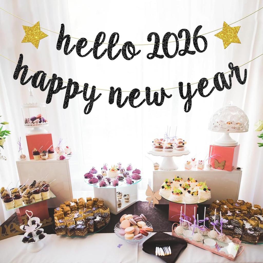 Hello 2026 Banner, Home Office Celebrations Party Decorations Happy New Year Party Hanging Sign New Year's Eve Bunting Supplies Black Glitter