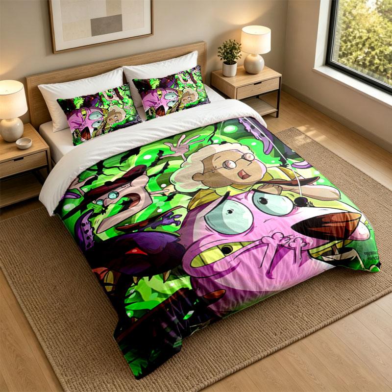 3Pcs Bedding SetCourage the Cowardly Dog Soft Bed Sheet and Two Pillowcases Home Bedroom Decor