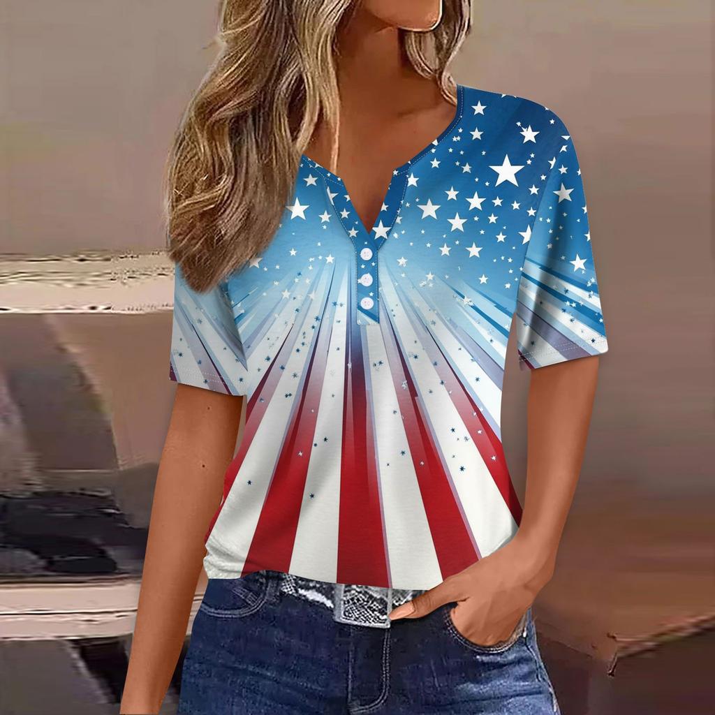Women's T Shirt Tee Independence Day Print Button Short Sleeve Daily Weekend Fashion Basic V-Neck Regular Top