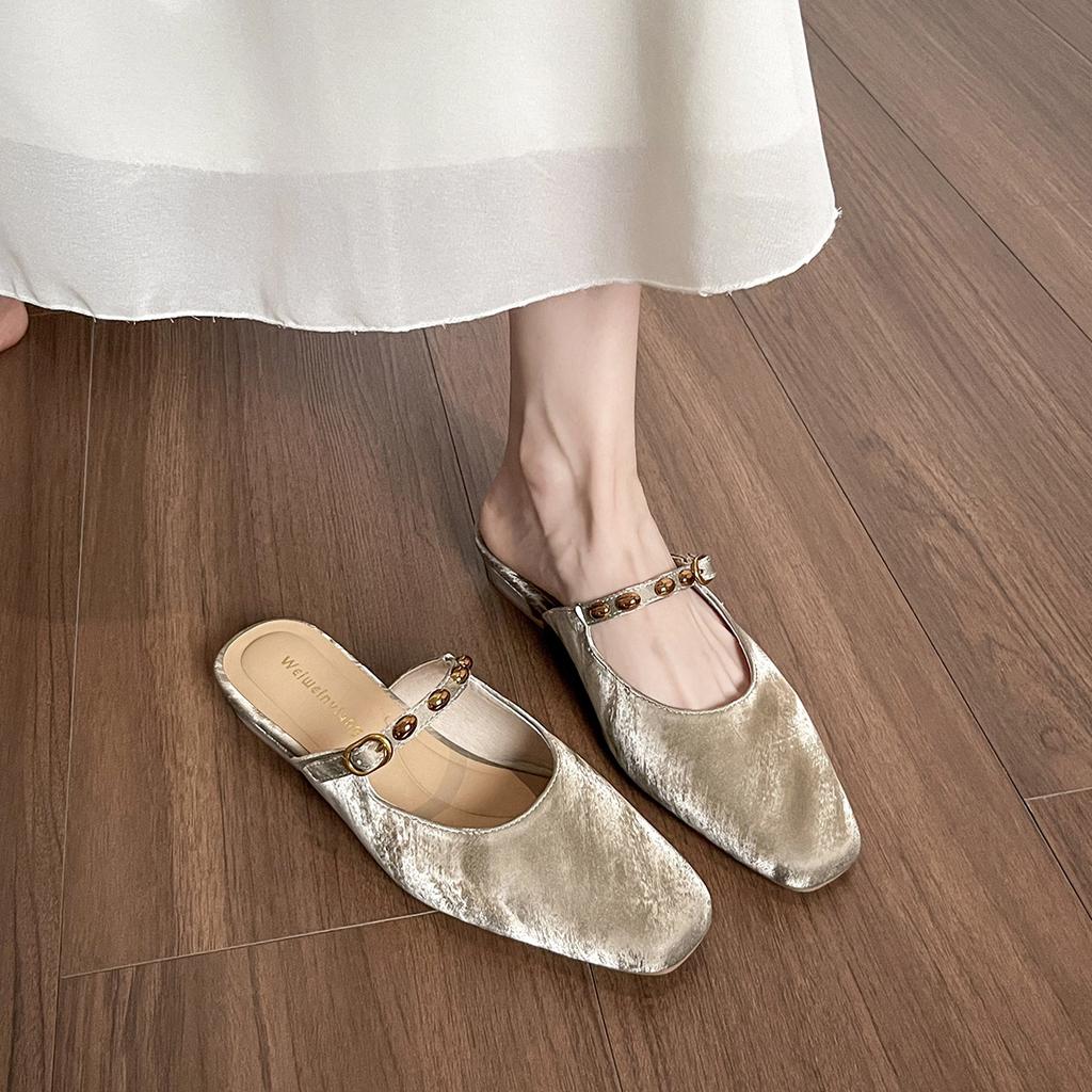 Weiwei Girl 6579-8 Summer Square Head Muller Shoes Bag Head Cool Slippers Women Summer Wear Thick Heel Half Drag Single Shoes