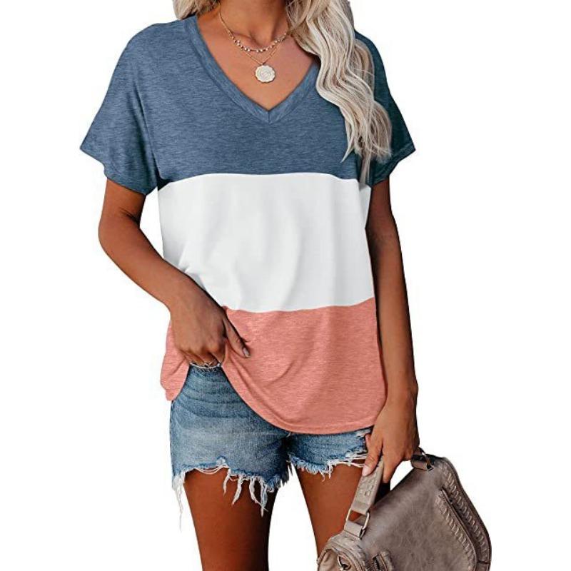 

Летний топ с V-образным вырезом, 3D-полосками, пришивными деталями и принтом, модная повседневная женская футболка с коротким рукавом XS