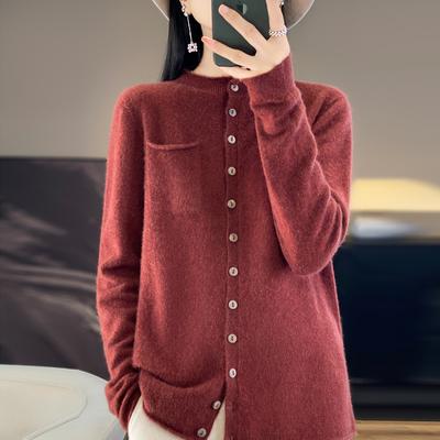 Suéter Cardigan Feminino de Lã Merino 100% Moda Gola Redonda Alta Qualidade Tricô Frisado Suéter Solto de Cor Pura com Bolso