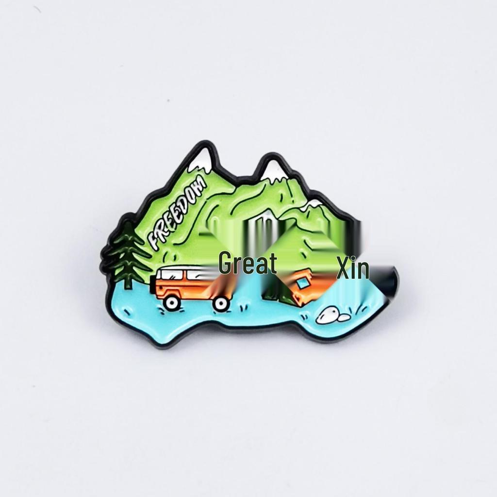 Moon Car Travel Brooch with Mountain & River Scenery - Metal Backpack Badge