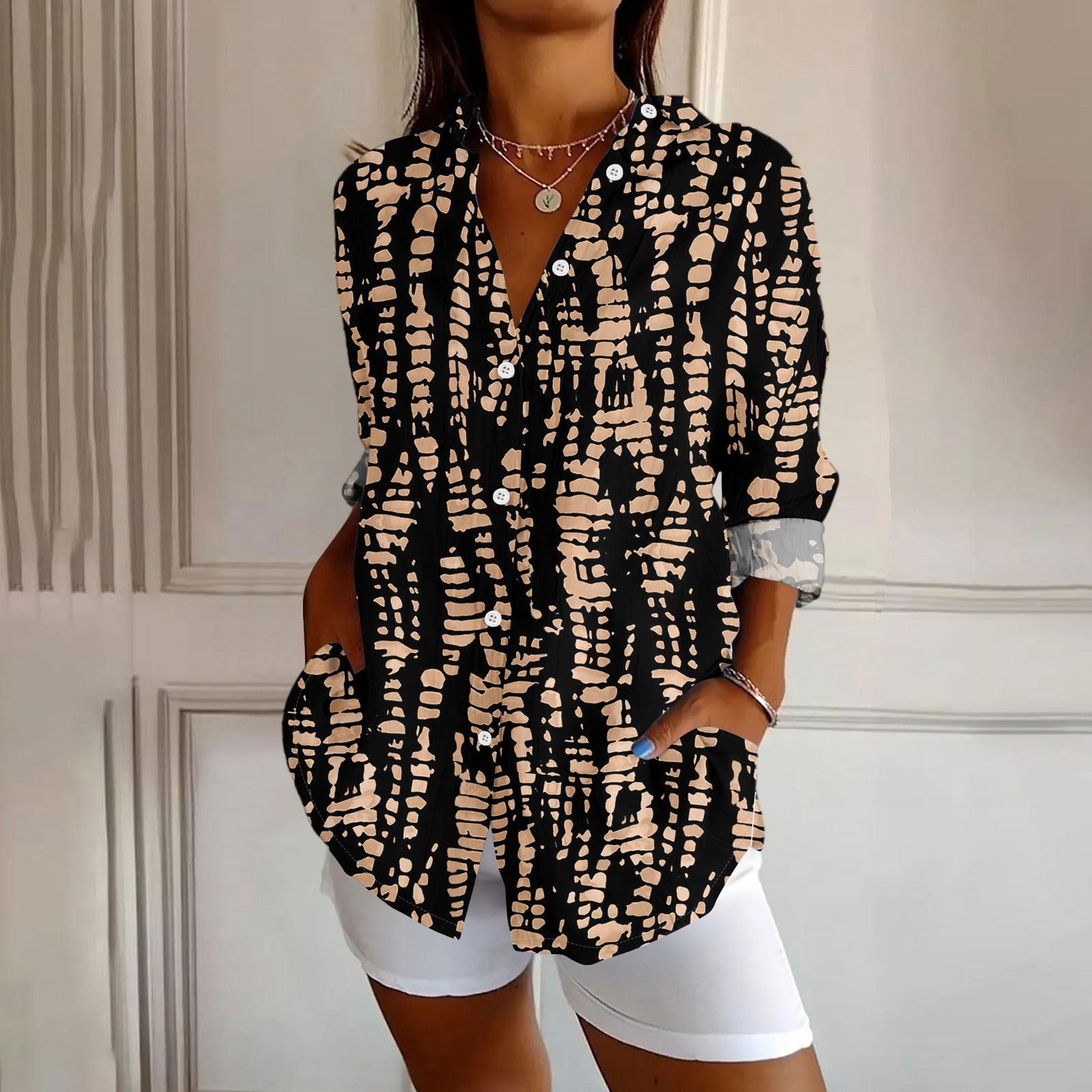 

Womens Button Down Shirt Long Sleeve Shirts For Women Print Graphic Blouse Top L хакі