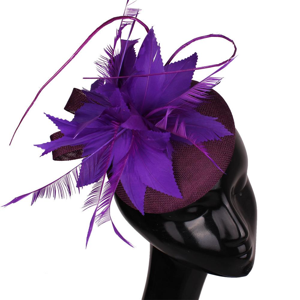 

Leather Pink Top Hat Popular Linen Yarn Banquet Mesh Top Hat Bride Feather Hairpin Europe And America темно-фіолетовий колір